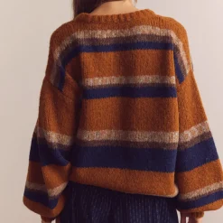 Amente - Pull Crew Neck Rayé - Ambre/Bleu