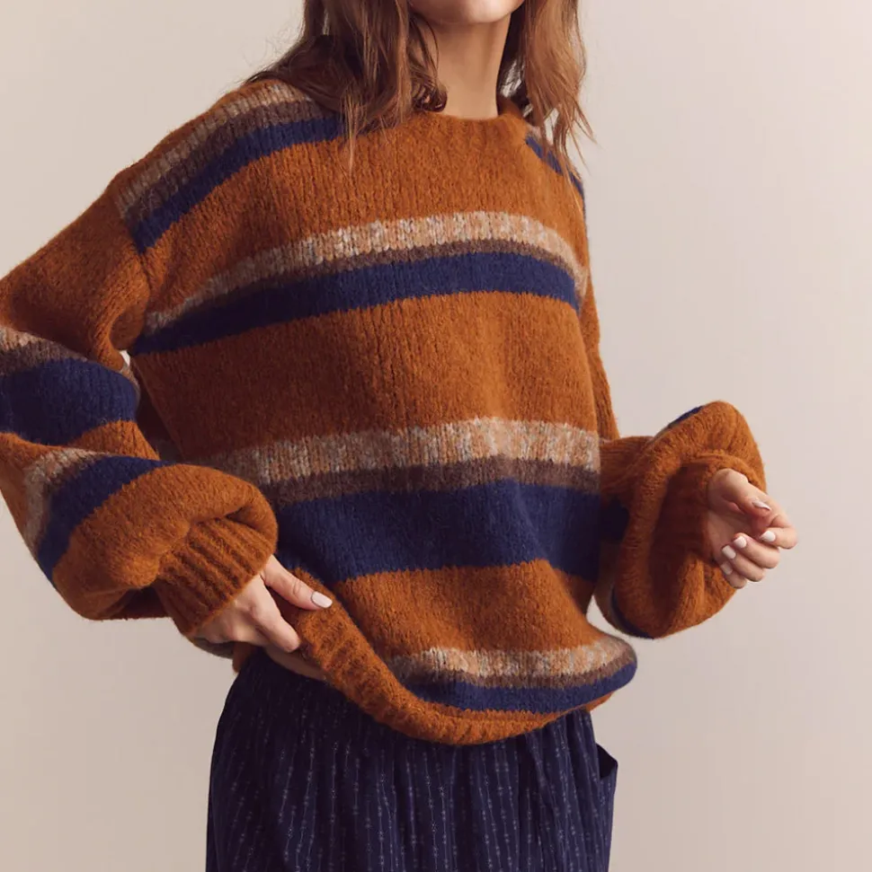 Amente - Pull Crew Neck Rayé - Ambre/Bleu