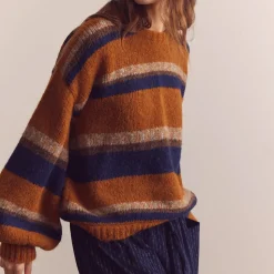 Amente - Pull Crew Neck Rayé - Ambre/Bleu