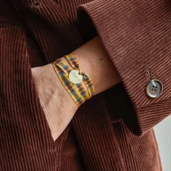 Bracelet à Carreaux Médaille Merci - Jaune