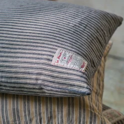 Coussin épais en lin - Rayures Bleu Encre