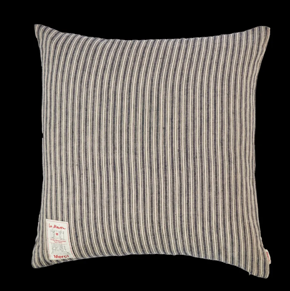 Coussin épais en lin - Rayures Bleu Encre