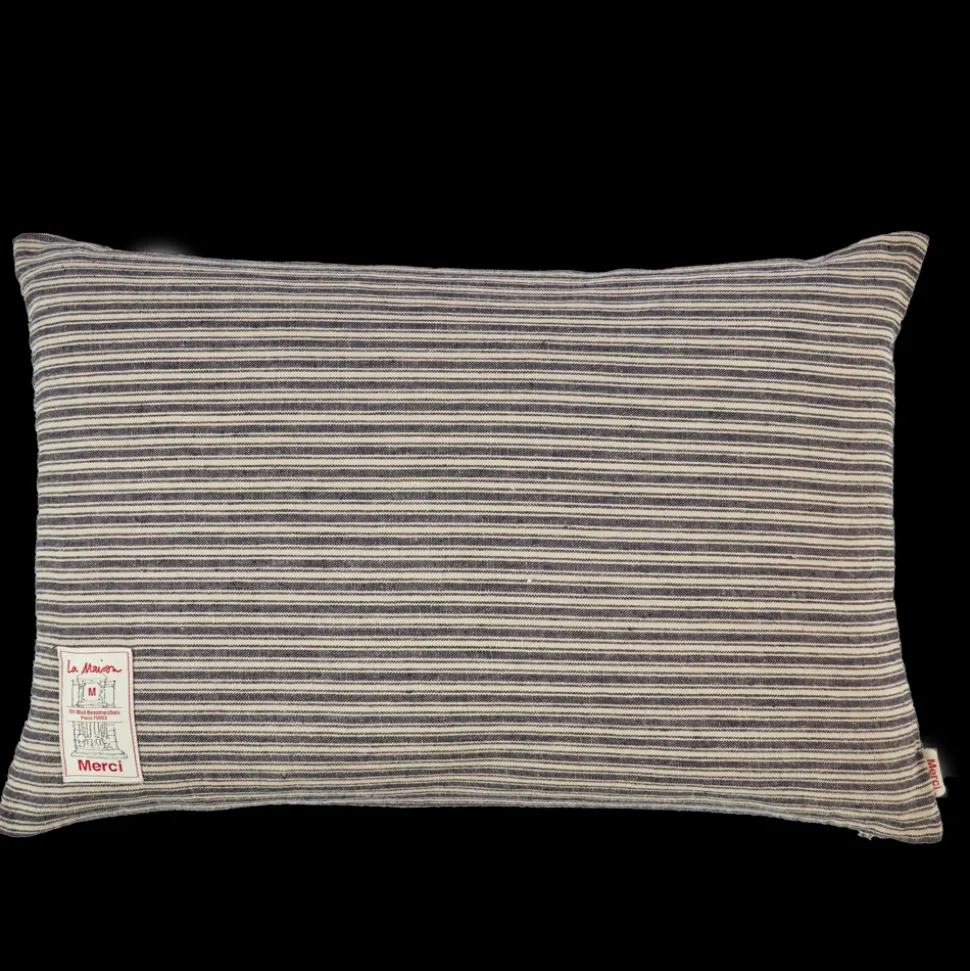 Coussin épais en lin - Rayures Bleu Encre