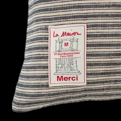 Coussin épais en lin - Rayures Bleu Encre
