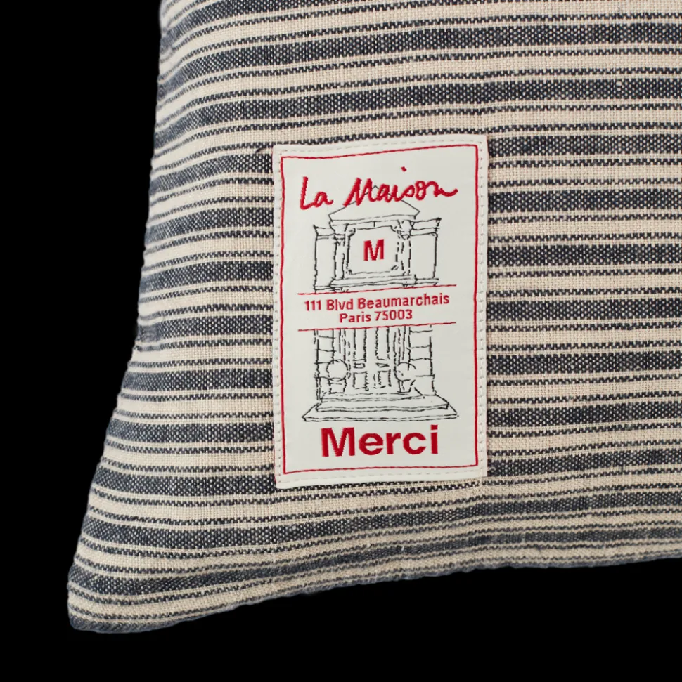 Coussin épais en lin - Rayures Bleu Encre