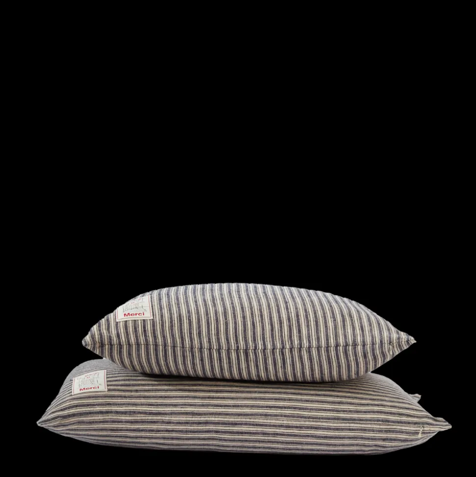 Coussin épais en lin - Rayures Bleu Encre