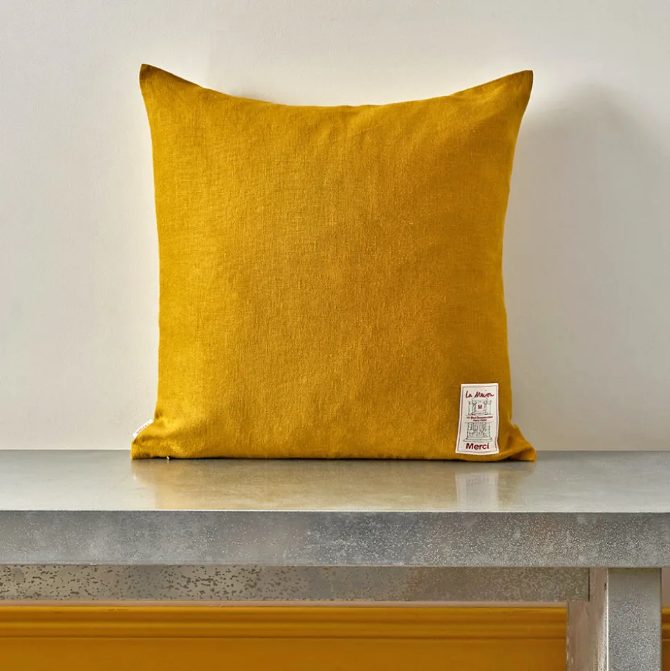 Coussin épais en lin - Uni Olive