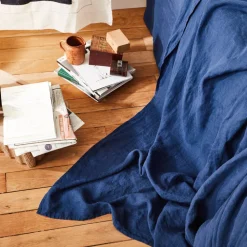 Drap plat en lin lavé - Bleu Shibori