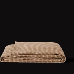Drap plat en lin lavé - Carreaux Brun Cha Iro