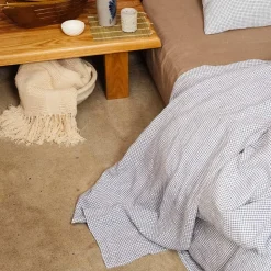 Drap plat en lin lavé - Carreaux Bleu Shibori