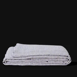 Drap plat en lin lavé - Carreaux Bleu Shibori