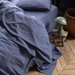 Drap plat en percale de coton - Bleu d'Orage