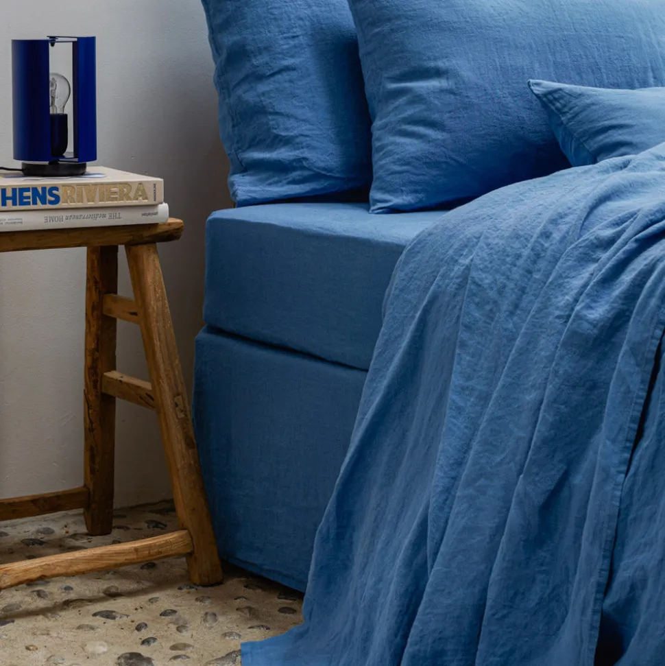 Drap-housse en lin lavé - Bleu Paros