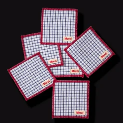 Ensemble de 6 dessous de verre en lin lavé - Carreaux Bleu Shibori
