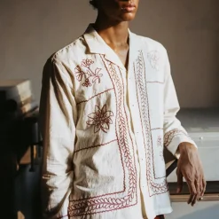 Harago - Chemise brodé Floral - Blanc & Rouge