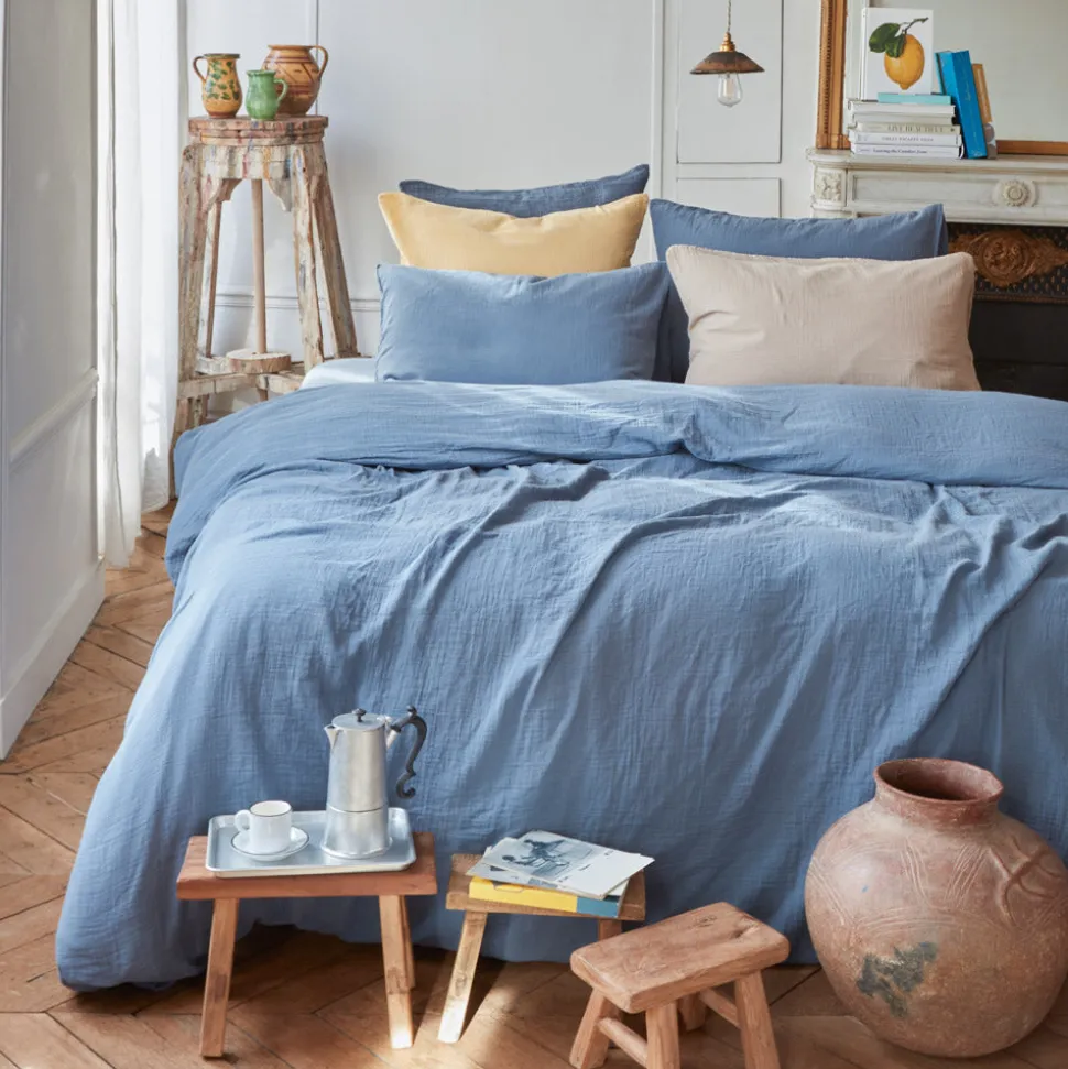 Housse de couette en gaze de coton - Bleu Zinc