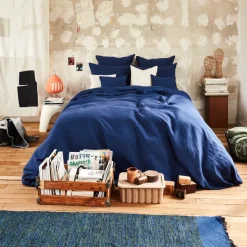 Housse de couette en lin lavé - Bleu Shibori