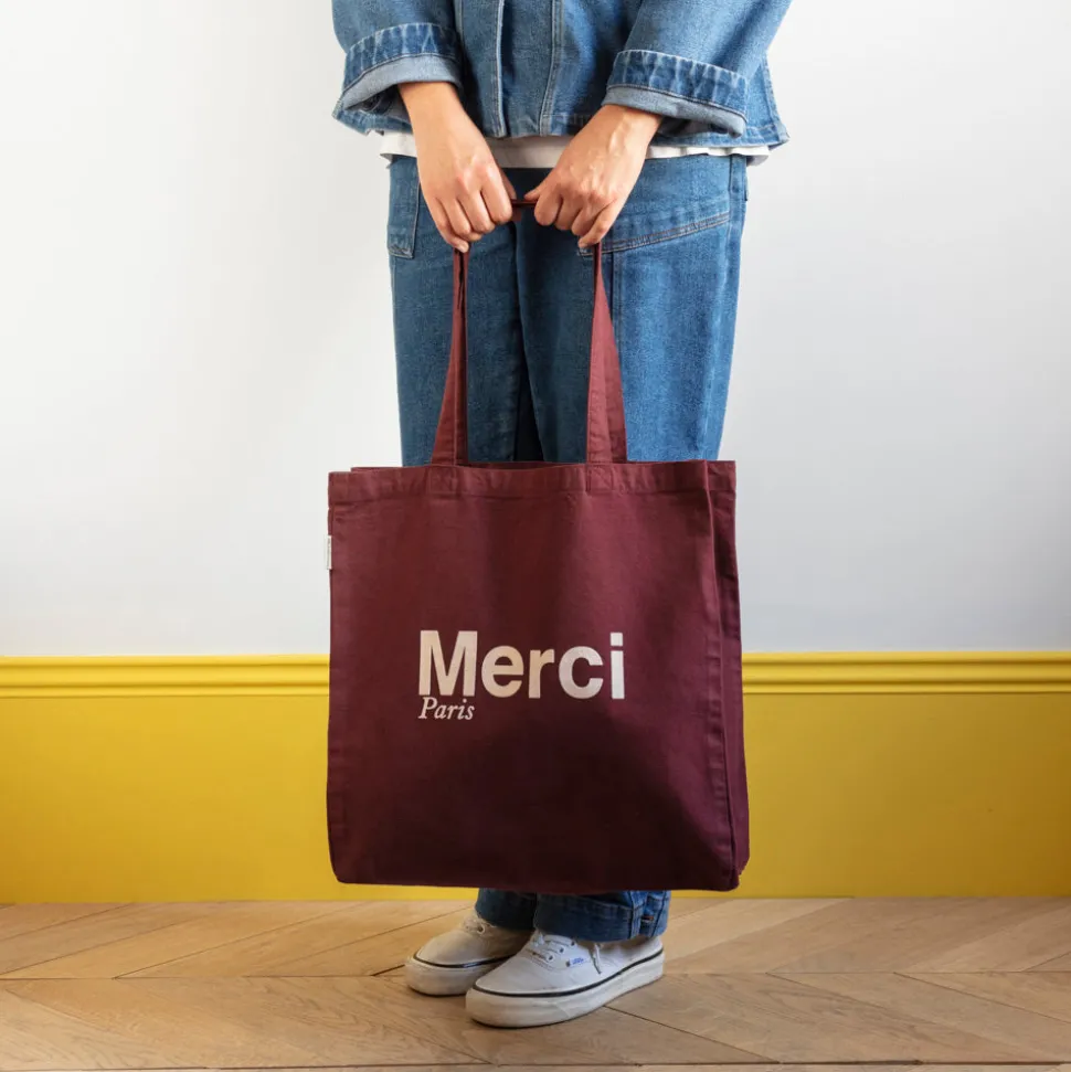 Merci - Tote Bag en coton - Bordeaux & Crème