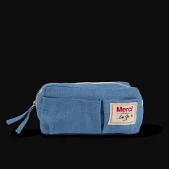 Merci - Trousse en lin lavé - Bleu Paros