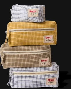 Merci - Trousse en lin lavé - Carreaux Bleu Shibori