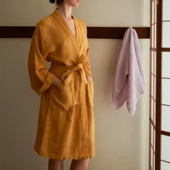 Peignoir en lin - Nid d'abeille - Jaune Asahi