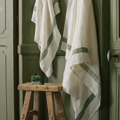 Serviette de bain en lin - Nid d'abeille - Bande Vert d'Anduze