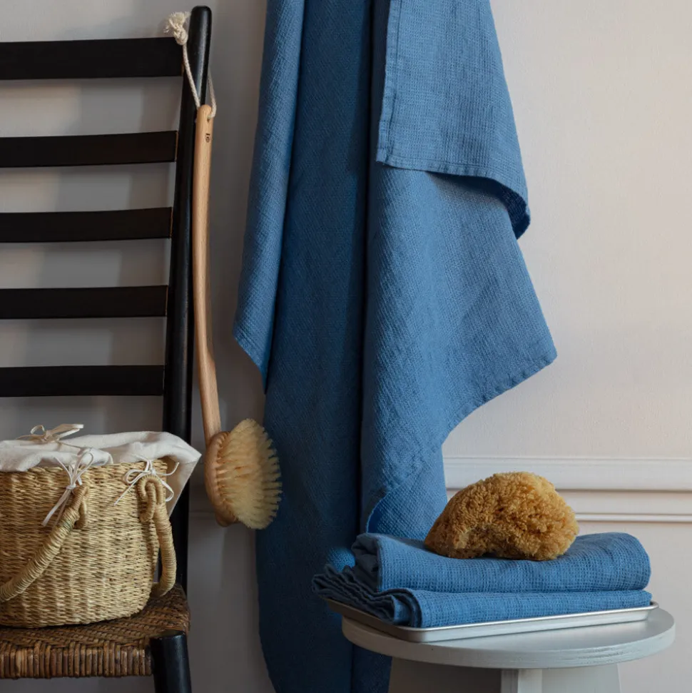 Serviette de bain en lin - Nid d'abeille - Bleu Paros