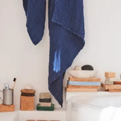 Serviette de bain en lin - Waffle - Bleu Shibori