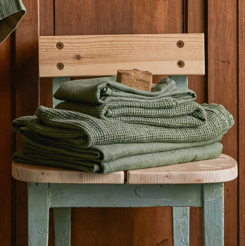 Serviette de bain invité en lin - Nid d'abeille - Vert d'Anduze