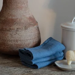 Serviette de bain invité en lin - Nid d'abeille - Bleu Paros