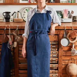 Tablier en lin lavé - Bleu Shibori