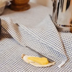 Torchon en lin lavé - Carreaux Bleu Shibori