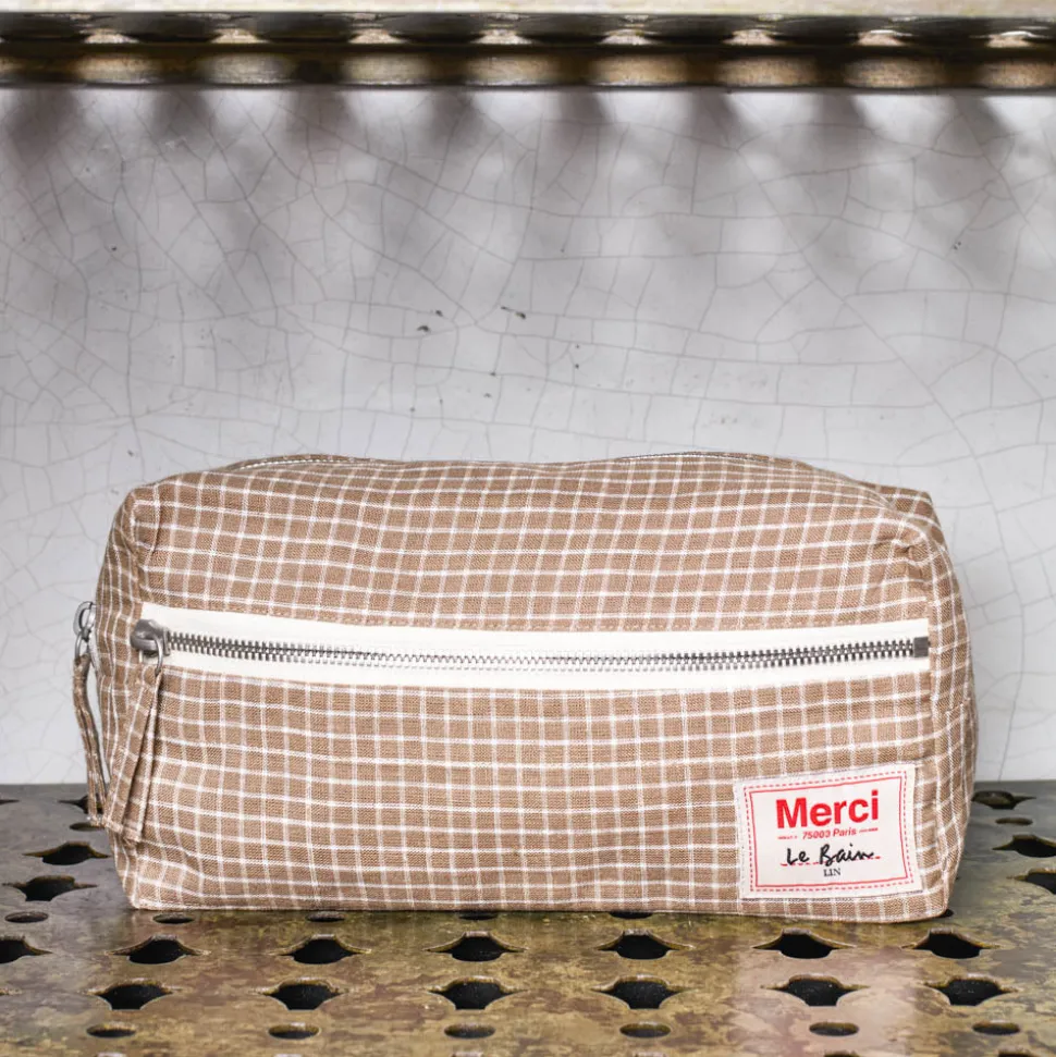 Trousse de toilette en lin lavé - Carreaux Brun Cha Iro