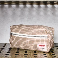 Trousse de toilette en lin lavé - Carreaux Brun Cha Iro