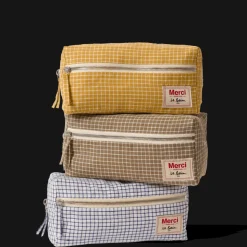 Trousse de toilette en lin lavé - Carreaux Brun Cha Iro