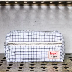 Trousse de toilette en lin lavé - Carreaux Bleu Shibori