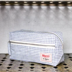 Trousse de toilette en lin lavé - Carreaux Bleu Shibori