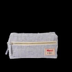Trousse de toilette en lin lavé - Carreaux Bleu Shibori