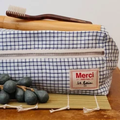 Trousse de toilette en lin lavé - Carreaux Bleu Shibori