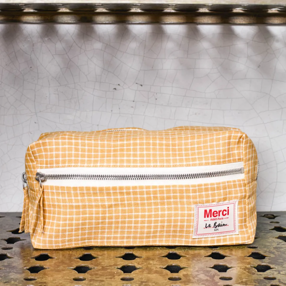 Trousse de toilette en lin lavé - Carreaux Jaune Asahi